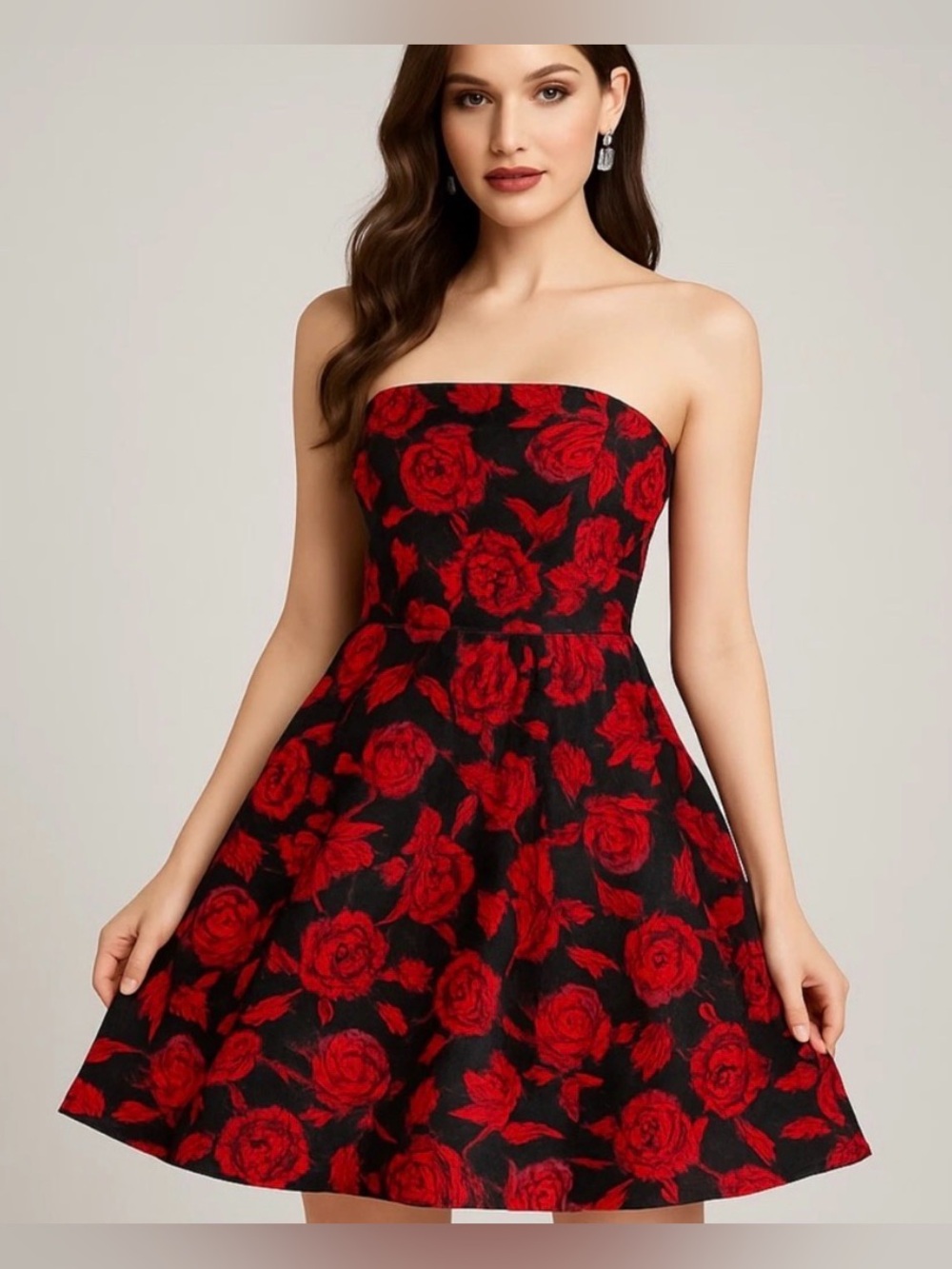 eva mendes for New York & Company Strapless Black Dress with Red Rose Print